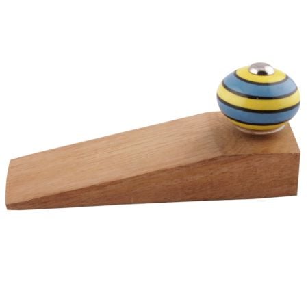 2 Pieces Turquoise And Yellow Striped Ceramic Floral Door Stoppers